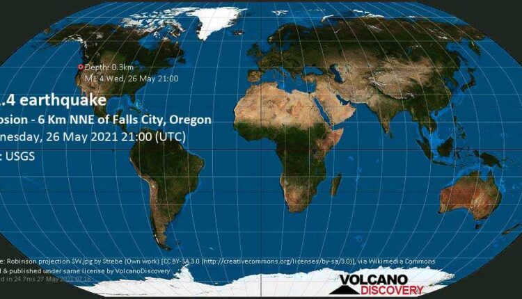 Minor mag. 1.4 earthquake - Explosion - 6 Km NNE of Falls City, Oregon, on Wednesday, 26 May 2021 at 21:00 (GMT)