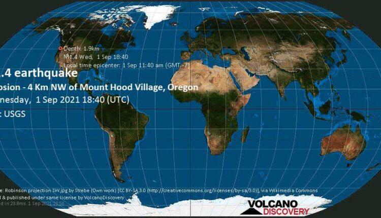 Minor mag. 1.4 earthquake - Explosion - 4 Km NW of Mount Hood Village, Oregon, on Wednesday, Sep 1, 2021 11:40 am (GMT -7)