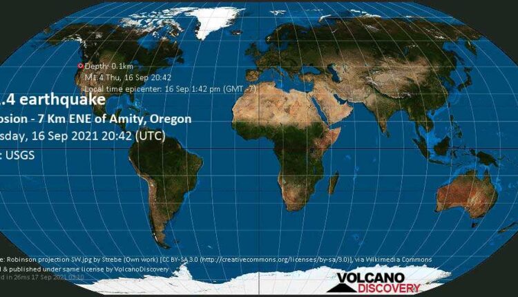 Minor mag. 1.4 earthquake - Explosion - 7 Km ENE of Amity, Oregon, on Thursday, Sep 16, 2021 1:42 pm (GMT -7)