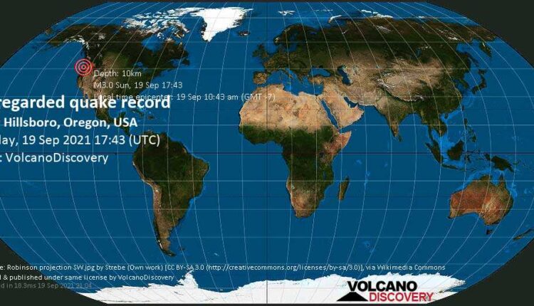 Reported seismic-like event (likely no quake): 17 mi northwest of Hillsboro, Washington County, Oregon, USA, Sep 19, 2021 10:43 am (GMT -7)