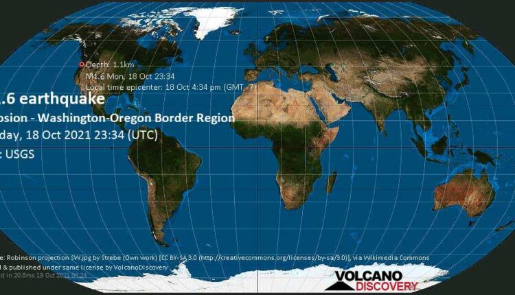 Minor mag. 1.6 earthquake - Explosion - Washington-Oregon Border Region on Monday, Oct 18, 2021 4:34 pm (GMT -7)
