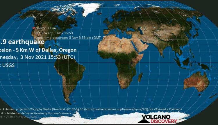 Weak mag. 1.9 earthquake - Explosion - 5 Km W of Dallas, Oregon, on Wednesday, Nov 3, 2021 8:53 am (GMT -7)