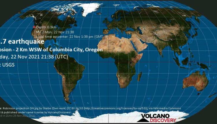 Minor mag. 1.7 earthquake - Explosion - 2 Km WSW of Columbia City, Oregon, on Monday, Nov 22, 2021 1:38 pm (GMT -8)
