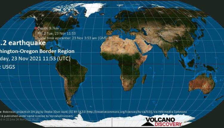 Minor mag. 1.2 earthquake - Washington-Oregon Border Region on Tuesday, Nov 23, 2021 3:53 am (GMT -8)